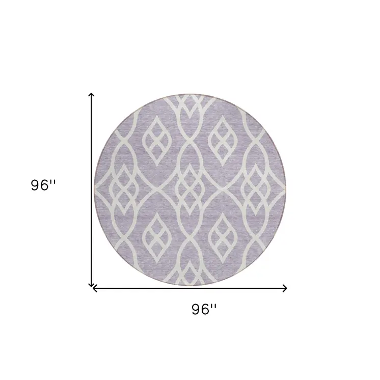 8' Lavender And Ivory Round Trellis Washable Indoor Outdoor Area Rug