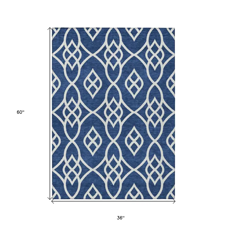3' X 5' Navy Blue And Ivory Trellis Washable Indoor Outdoor Area Rug