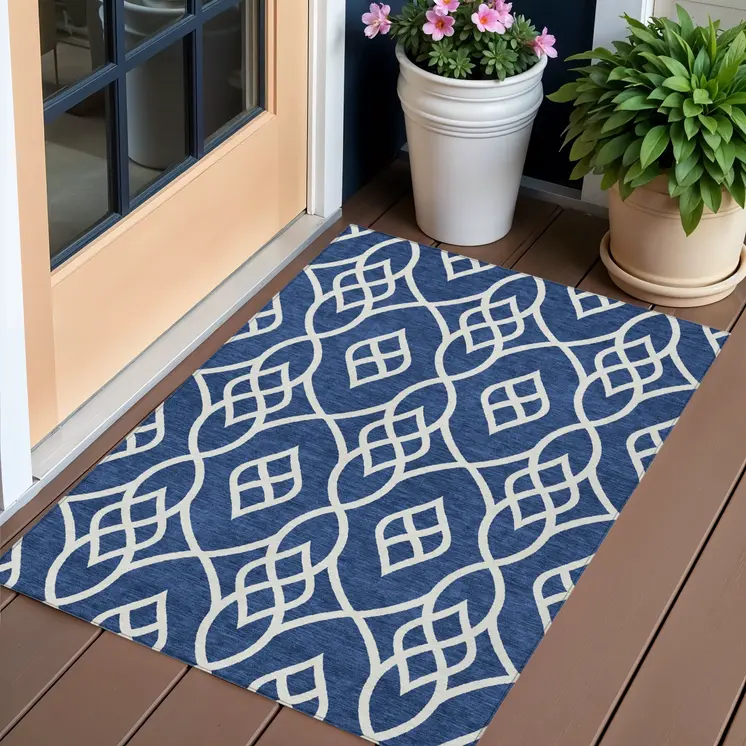 3' X 5' Navy Blue And Ivory Trellis Washable Indoor Outdoor Area Rug