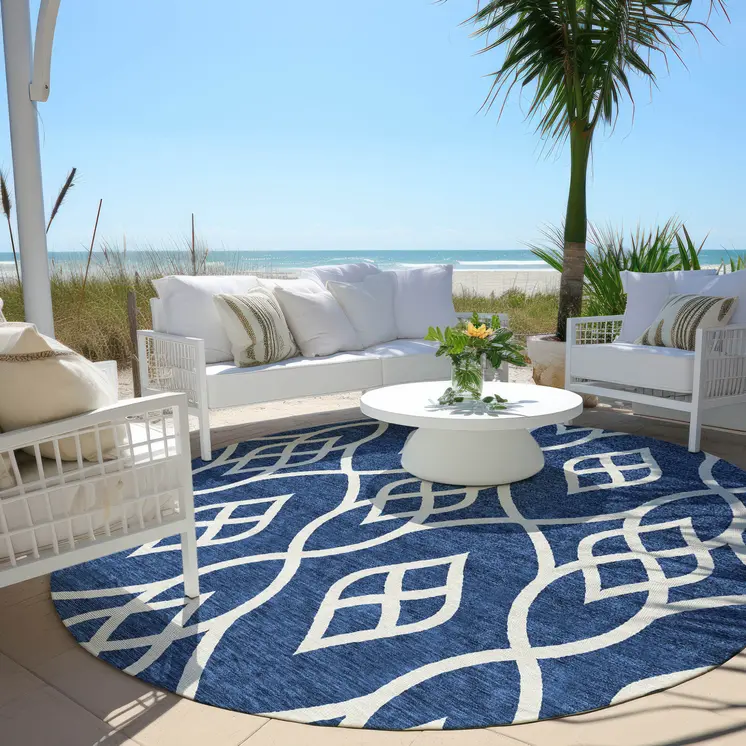 8' Navy Blue And Ivory Round Trellis Washable Indoor Outdoor Area Rug