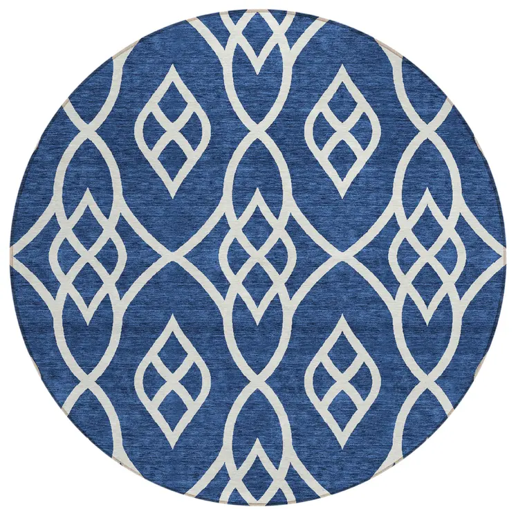 8' Navy Blue And Ivory Round Trellis Washable Indoor Outdoor Area Rug