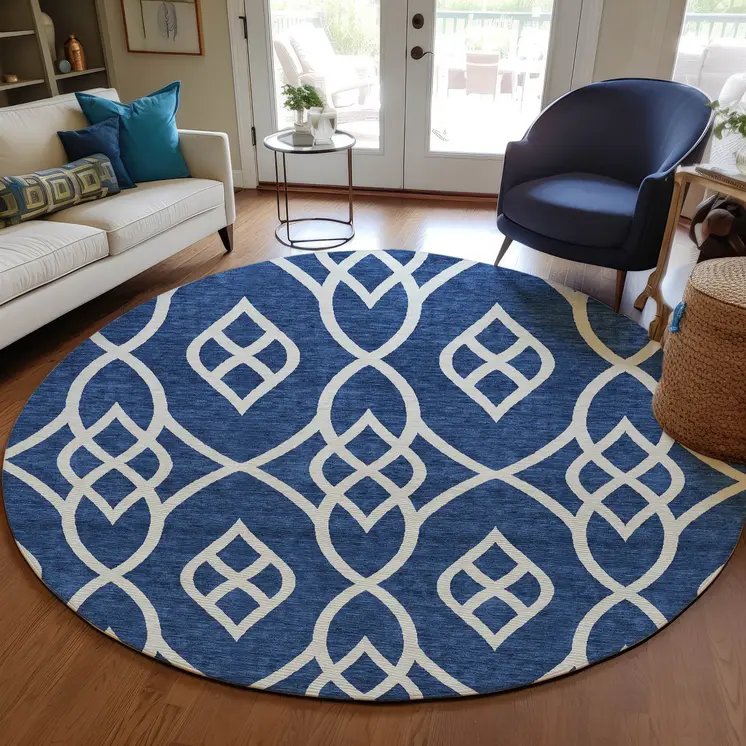 8' Navy Blue And Ivory Round Trellis Washable Indoor Outdoor Area Rug