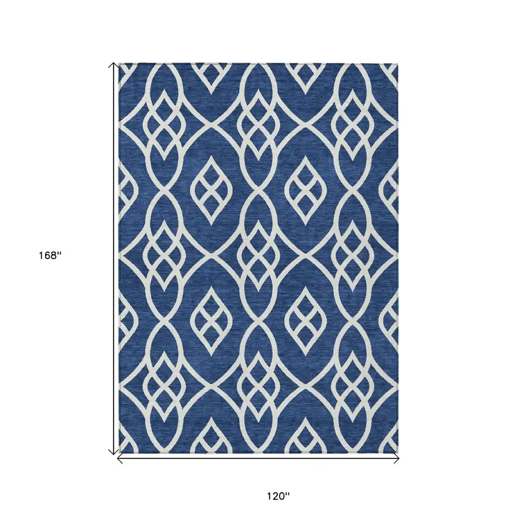 10' X 14' Navy Blue And Ivory Trellis Washable Indoor Outdoor Area Rug