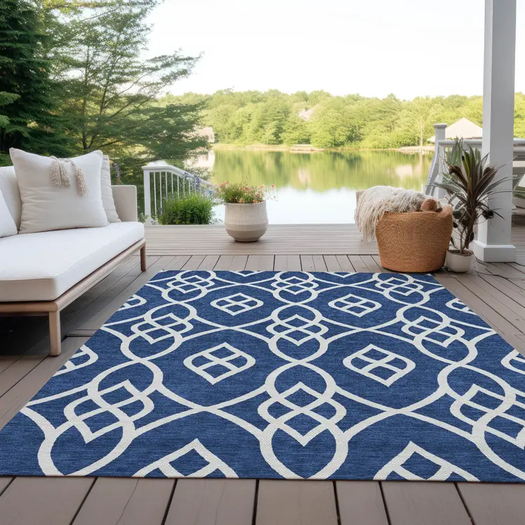 10' X 14' Navy Blue And Ivory Trellis Washable Indoor Outdoor Area Rug