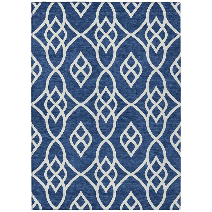 10' X 14' Navy Blue And Ivory Trellis Washable Indoor Outdoor Area Rug