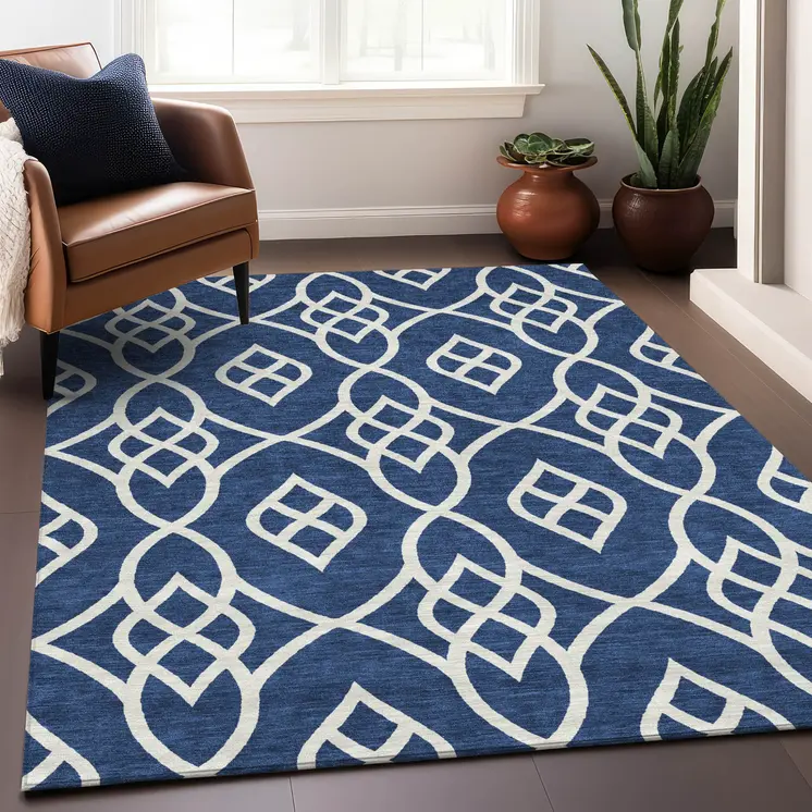 10' X 14' Navy Blue And Ivory Trellis Washable Indoor Outdoor Area Rug