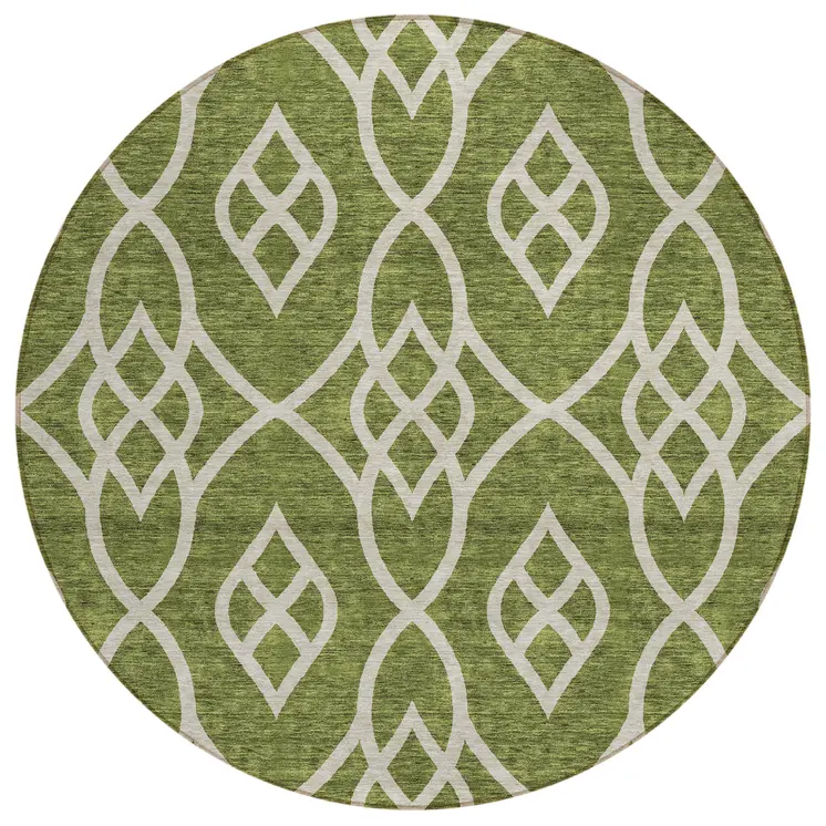 8' Olive Green And Ivory Round Trellis Washable Indoor Outdoor Area Rug