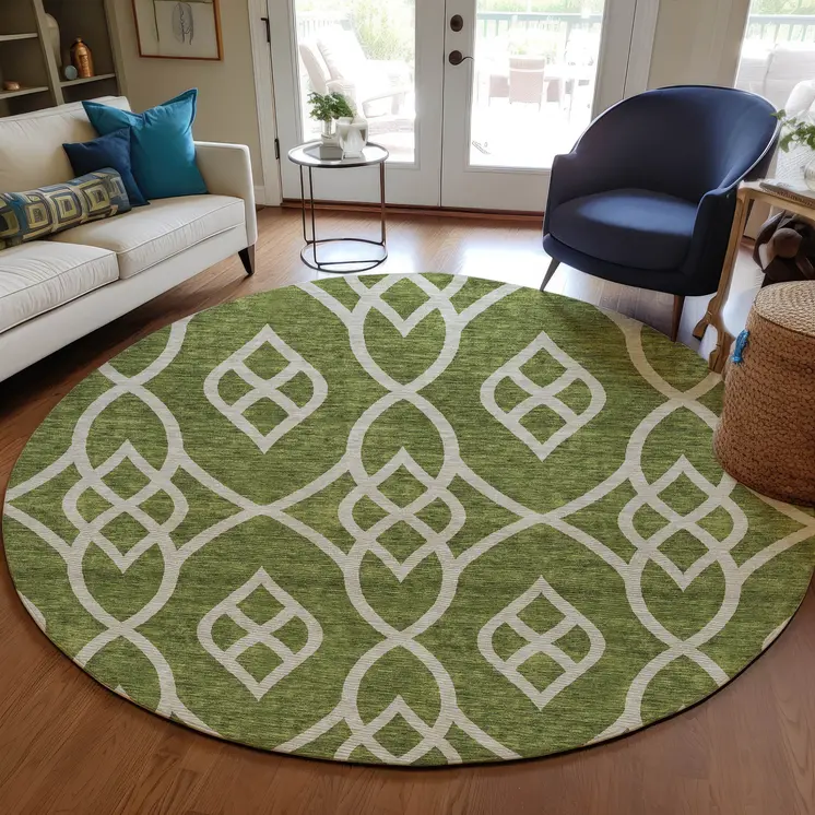 8' Olive Green And Ivory Round Trellis Washable Indoor Outdoor Area Rug