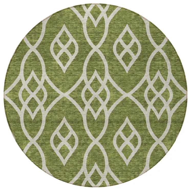 8' Olive Green And Ivory Round Trellis Washable Indoor Outdoor Area Rug