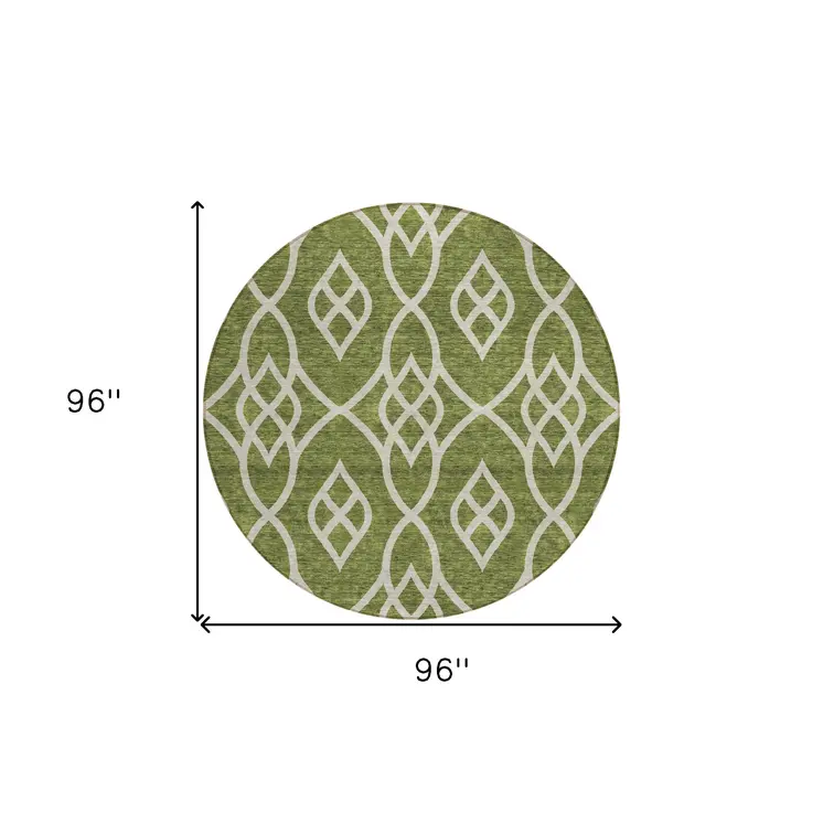 8' Olive Green And Ivory Round Trellis Washable Indoor Outdoor Area Rug
