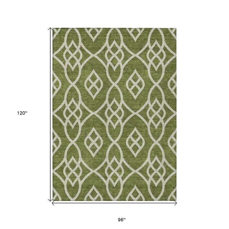 8' X 10' Olive Green And Ivory Trellis Washable Indoor Outdoor Area Rug
