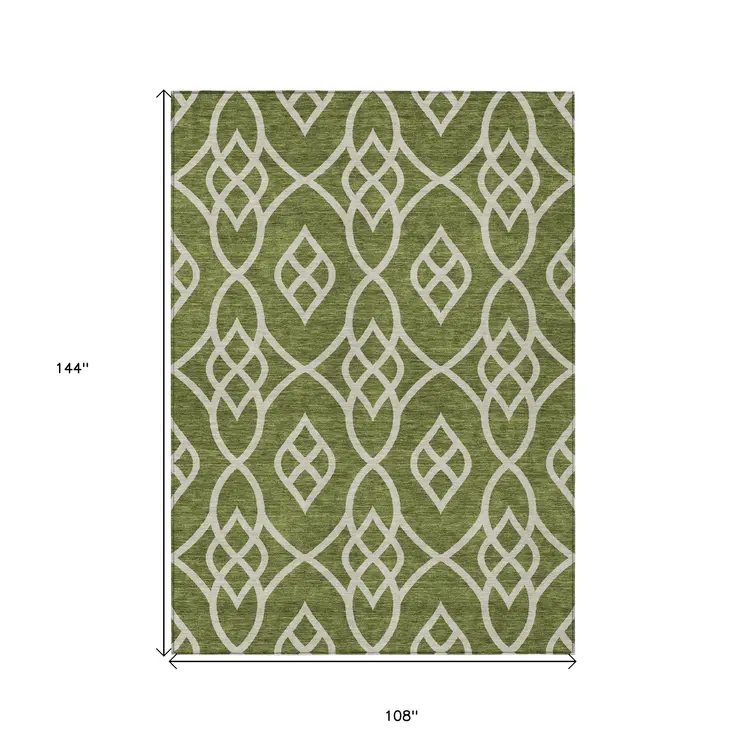 9' X 12' Olive Green And Ivory Trellis Washable Indoor Outdoor Area Rug