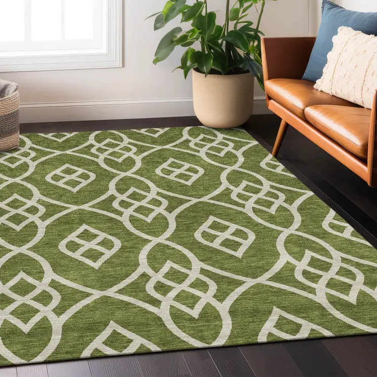 9' X 12' Olive Green And Ivory Trellis Washable Indoor Outdoor Area Rug