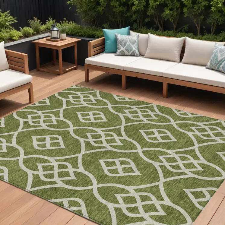 10' X 14' Olive Green And Ivory Trellis Washable Indoor Outdoor Area Rug