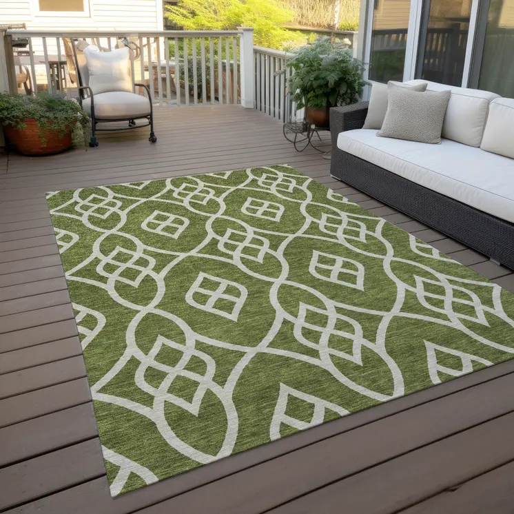 10' X 14' Olive Green And Ivory Trellis Washable Indoor Outdoor Area Rug