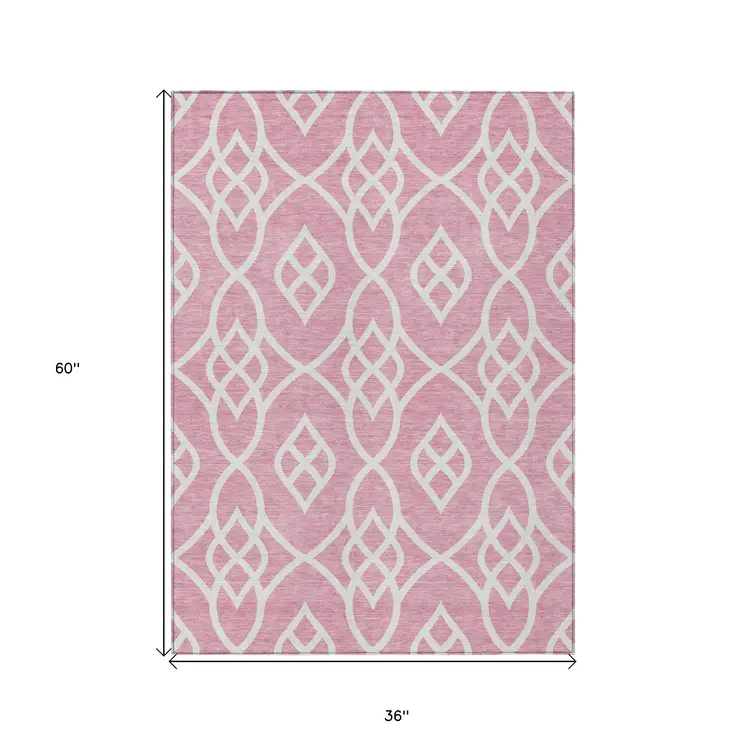 3' X 5' Pink And Ivory Trellis Washable Indoor Outdoor Area Rug