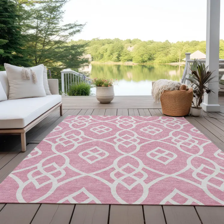 3' X 5' Pink And Ivory Trellis Washable Indoor Outdoor Area Rug