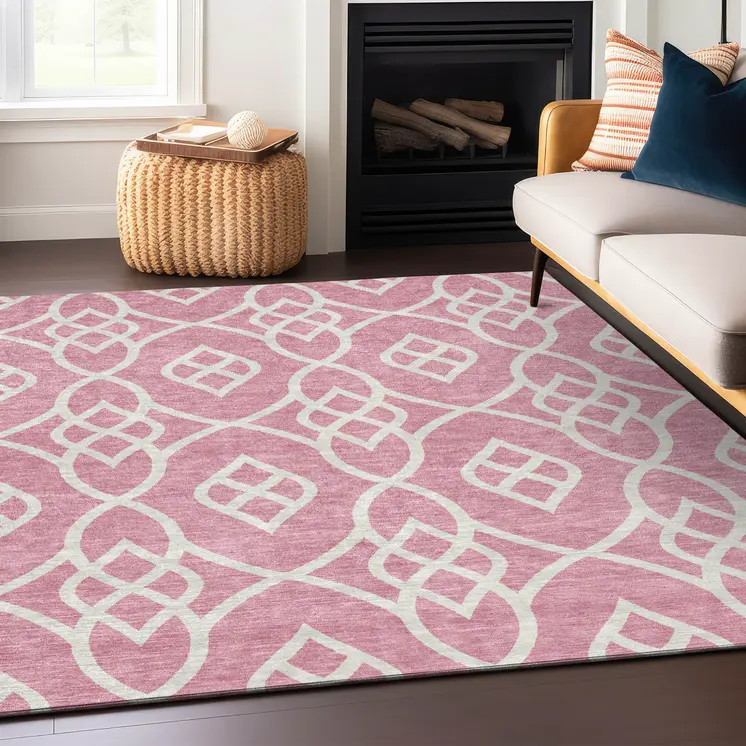 3' X 5' Pink And Ivory Trellis Washable Indoor Outdoor Area Rug