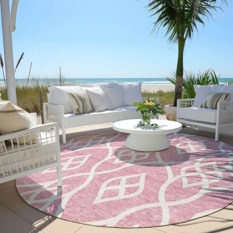 8' Pink And Ivory Round Trellis Washable Indoor Outdoor Area Rug