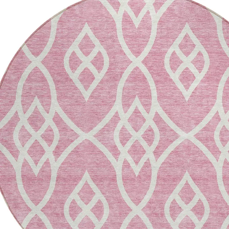 8' Pink And Ivory Round Trellis Washable Indoor Outdoor Area Rug