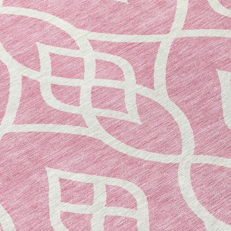 8' Pink And Ivory Round Trellis Washable Indoor Outdoor Area Rug