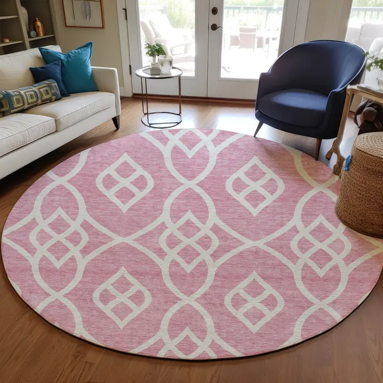 8' Pink And Ivory Round Trellis Washable Indoor Outdoor Area Rug