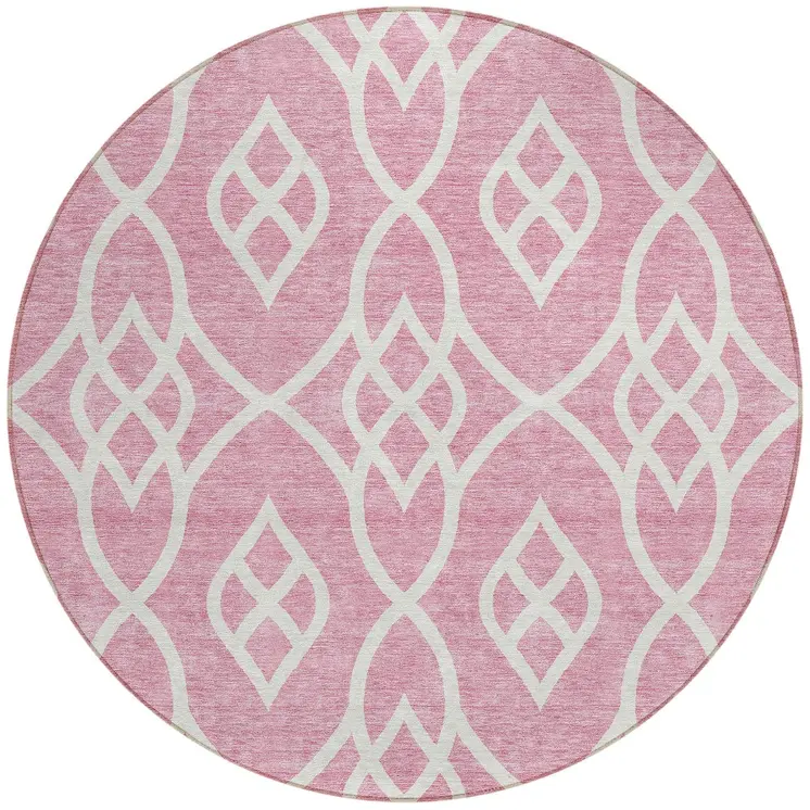 8' Pink And Ivory Round Trellis Washable Indoor Outdoor Area Rug
