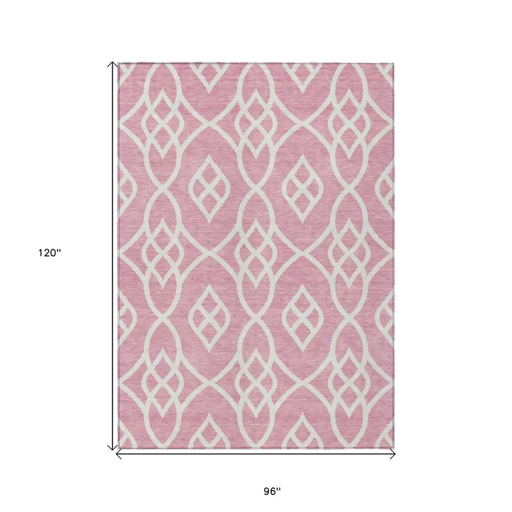 8' X 10' Pink And Ivory Trellis Washable Indoor Outdoor Area Rug