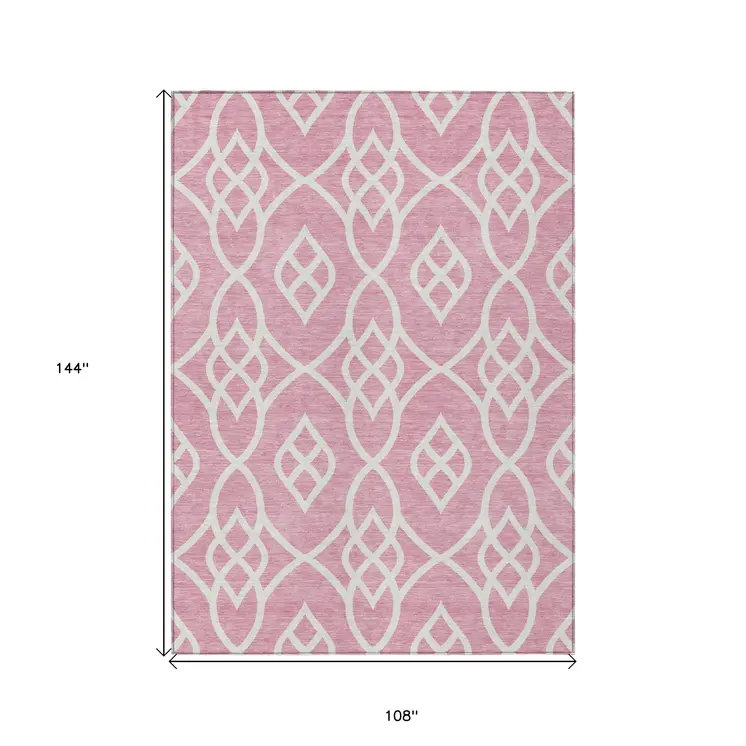9' X 12' Pink And Ivory Trellis Washable Indoor Outdoor Area Rug