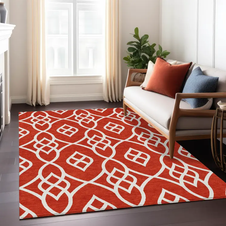 3' X 5' Red And Ivory Trellis Washable Indoor Outdoor Area Rug