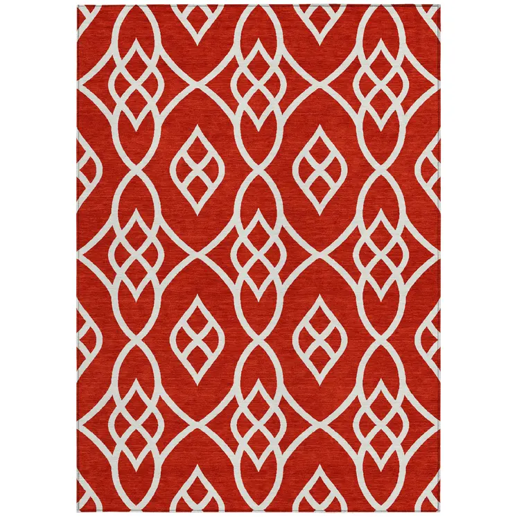 5' X 8' Red And Ivory Trellis Washable Indoor Outdoor Area Rug