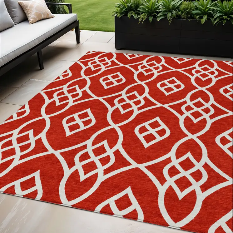 5' X 8' Red And Ivory Trellis Washable Indoor Outdoor Area Rug