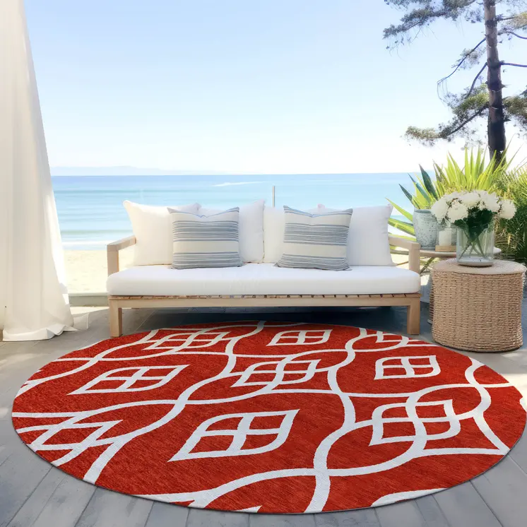 8' Red And Ivory Round Trellis Washable Indoor Outdoor Area Rug