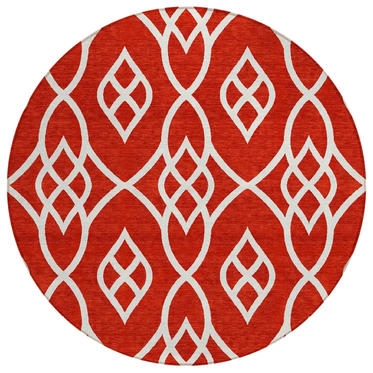 8' Red And Ivory Round Trellis Washable Indoor Outdoor Area Rug