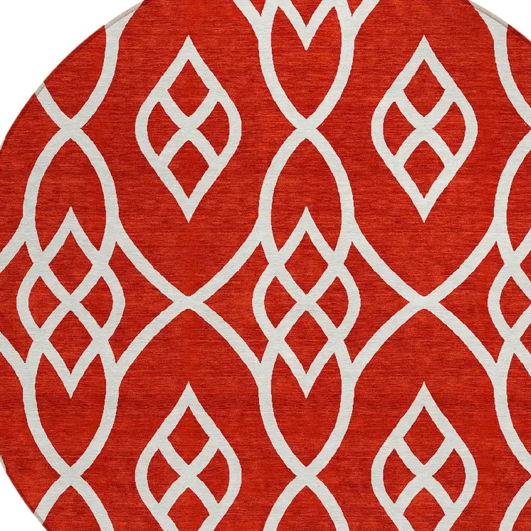 8' Red And Ivory Round Trellis Washable Indoor Outdoor Area Rug