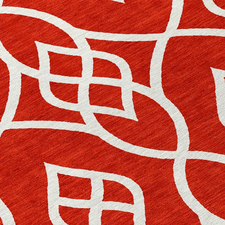 8' Red And Ivory Round Trellis Washable Indoor Outdoor Area Rug