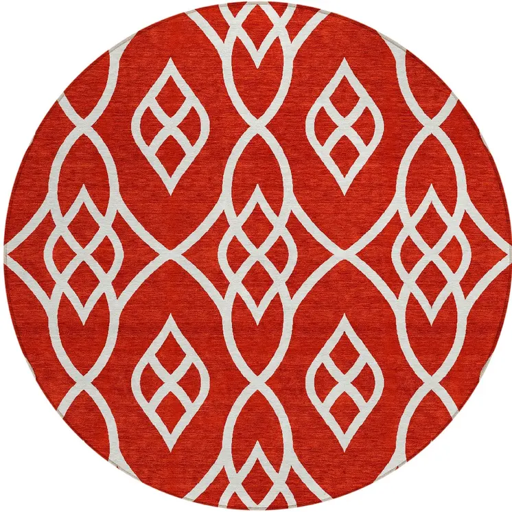 8' Red And Ivory Round Trellis Washable Indoor Outdoor Area Rug