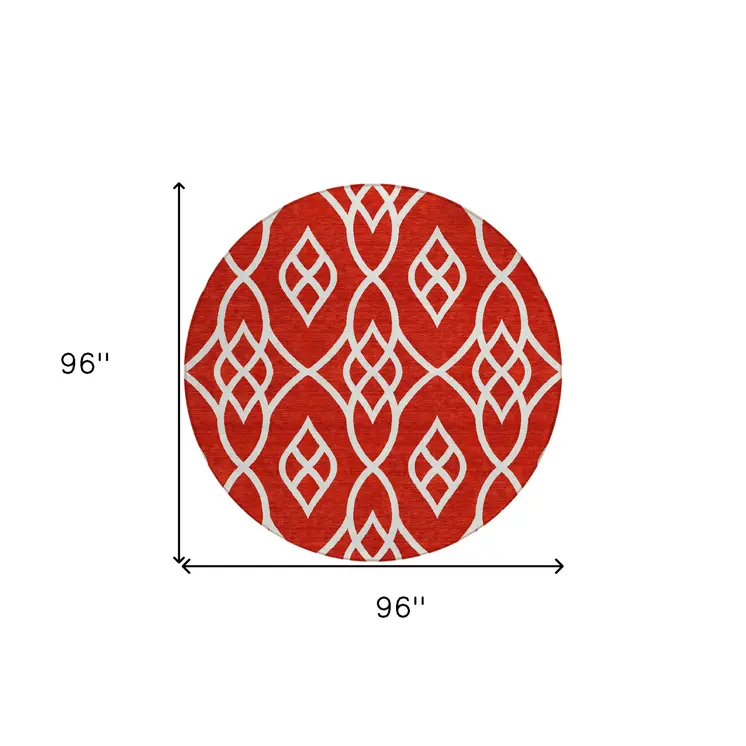 8' Red And Ivory Round Trellis Washable Indoor Outdoor Area Rug