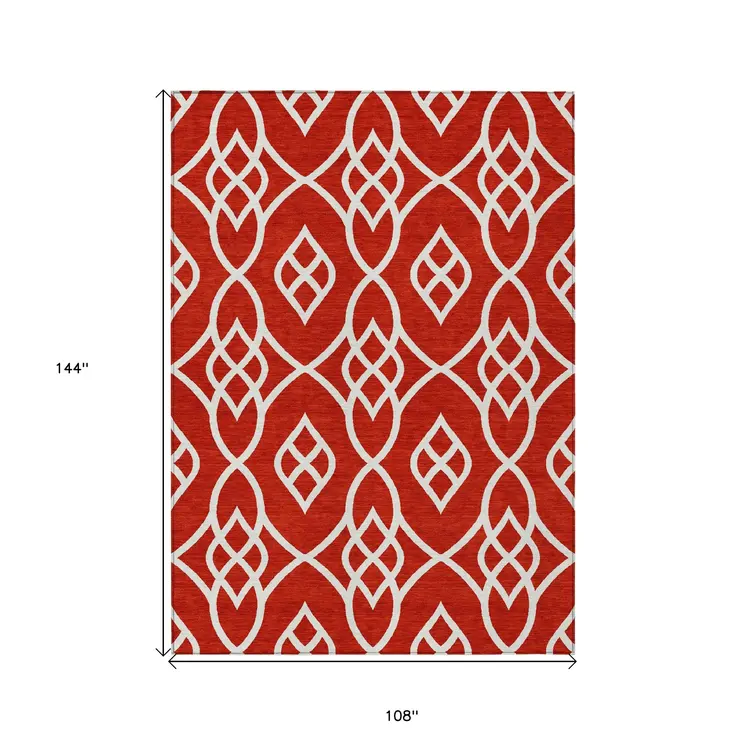 9' X 12' Red And Ivory Trellis Washable Indoor Outdoor Area Rug