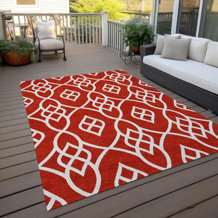 9' X 12' Red And Ivory Trellis Washable Indoor Outdoor Area Rug