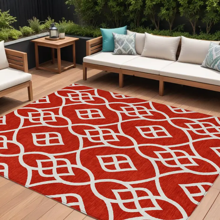 10' X 14' Red And Ivory Trellis Washable Indoor Outdoor Area Rug