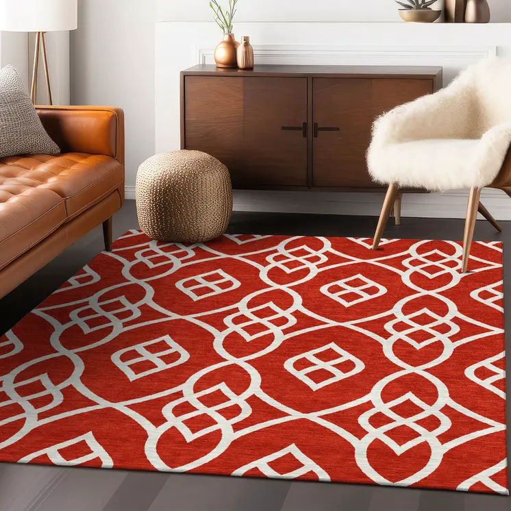 10' X 14' Red And Ivory Trellis Washable Indoor Outdoor Area Rug