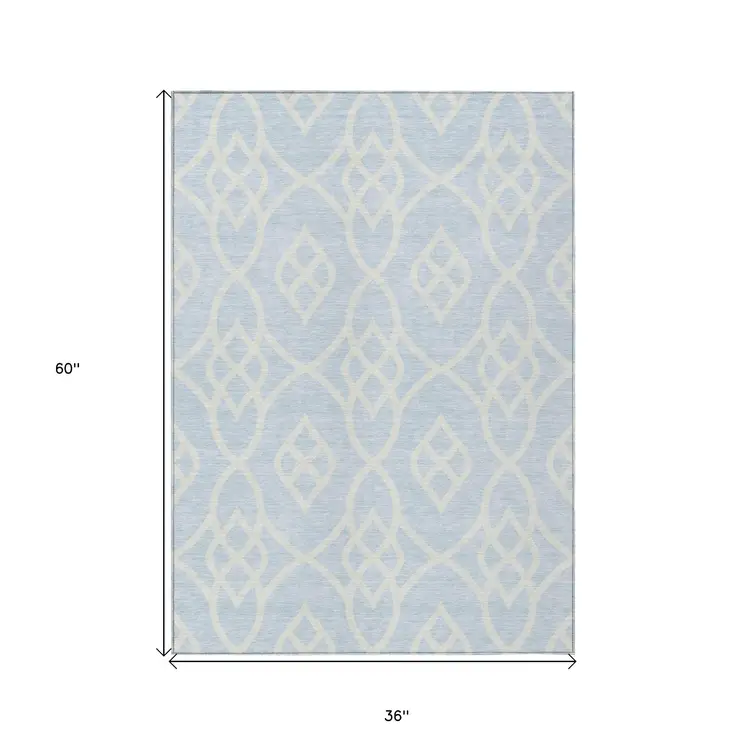 3' X 5' Sky Blue And Ivory Trellis Washable Indoor Outdoor Area Rug