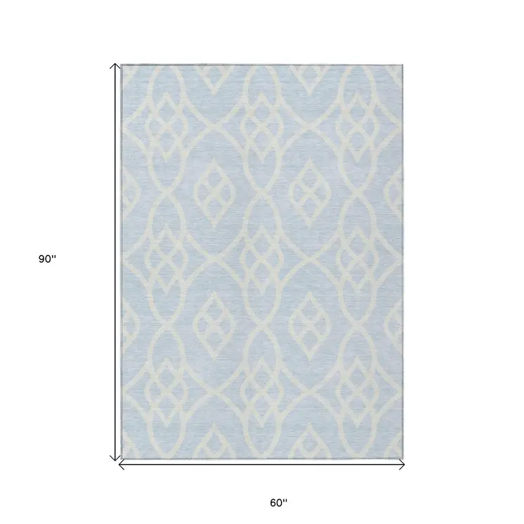5' X 8' Sky Blue And Ivory Trellis Washable Indoor Outdoor Area Rug