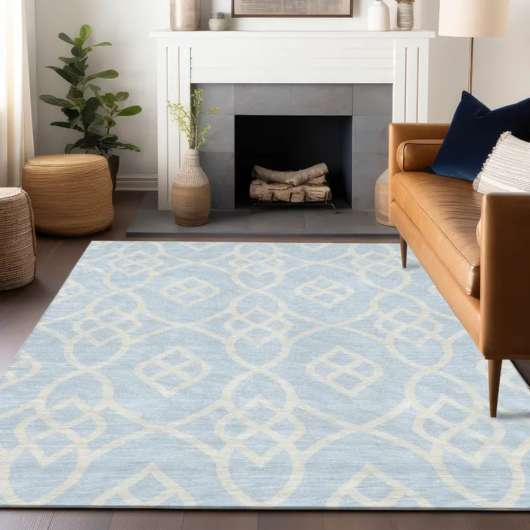 5' X 8' Sky Blue And Ivory Trellis Washable Indoor Outdoor Area Rug