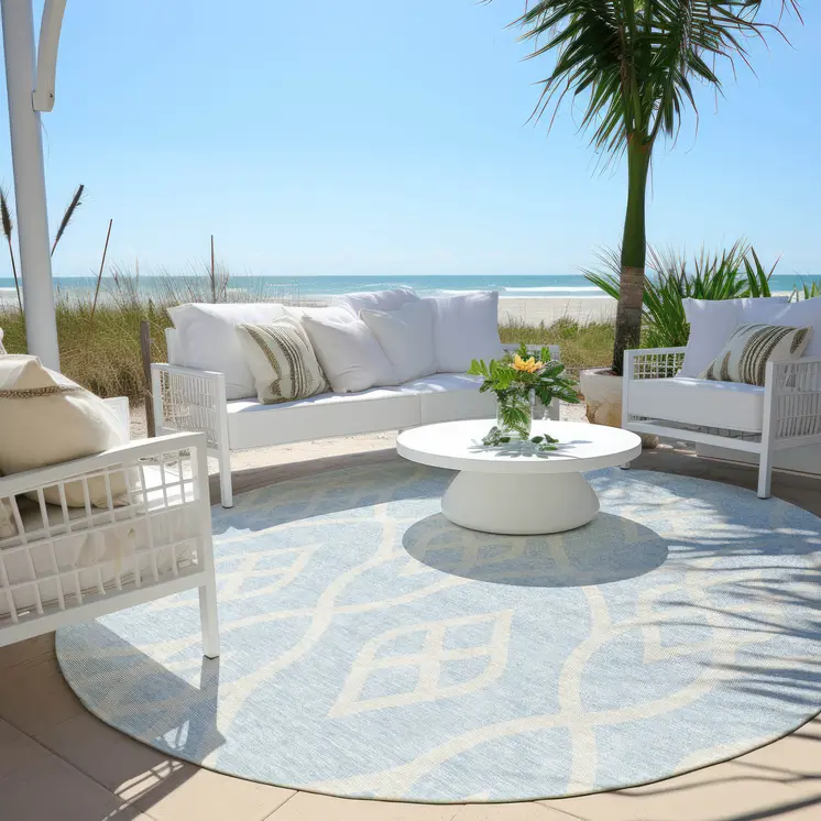 8' Sky Blue And Ivory Round Trellis Washable Indoor Outdoor Area Rug