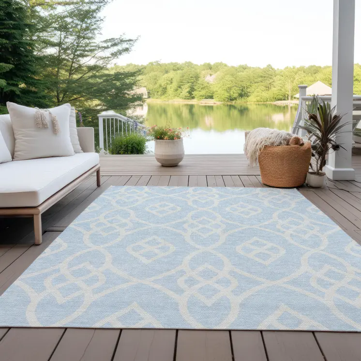 8' X 10' Sky Blue And Ivory Trellis Washable Indoor Outdoor Area Rug