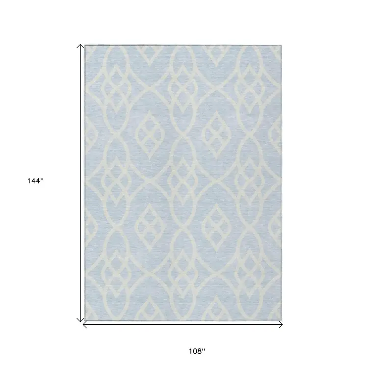 9' X 12' Sky Blue And Ivory Trellis Washable Indoor Outdoor Area Rug