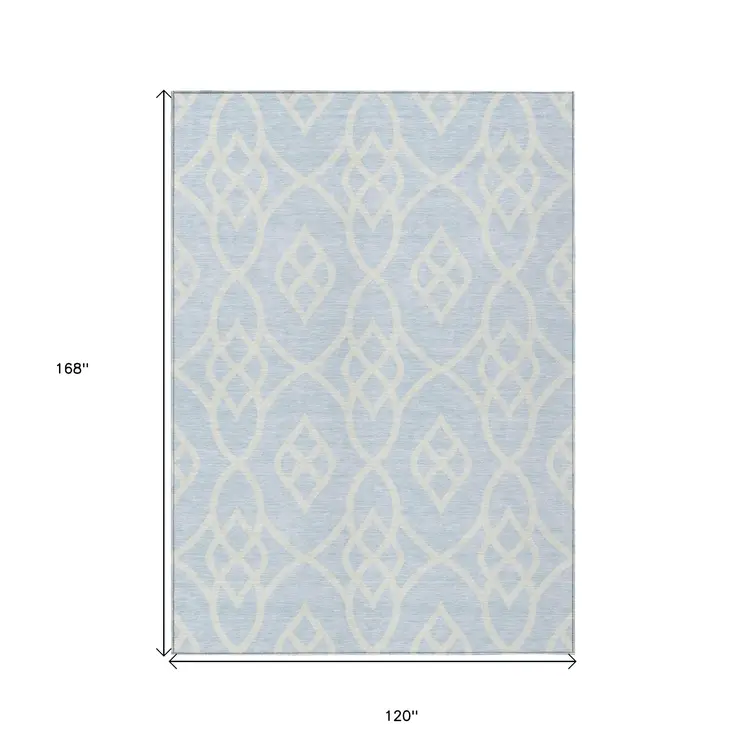 10' X 14' Sky Blue And Ivory Trellis Washable Indoor Outdoor Area Rug