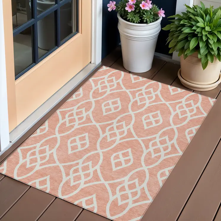3' X 5' Salmon And Ivory Trellis Washable Indoor Outdoor Area Rug